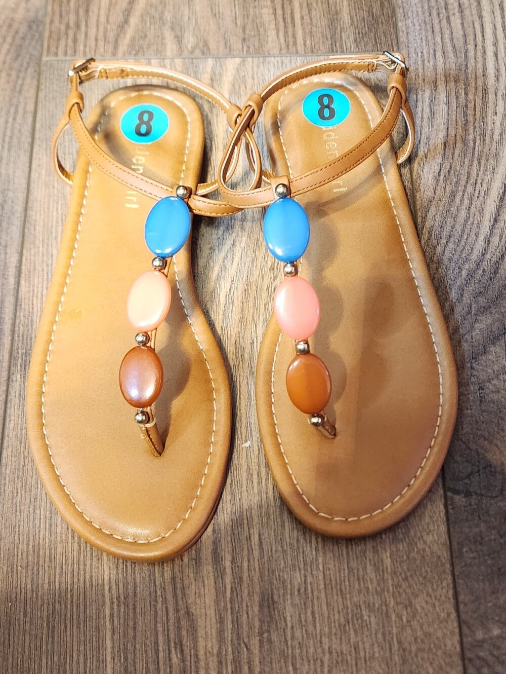 Tan Beaded T-Strap Sandals with Blue & Peach Accents